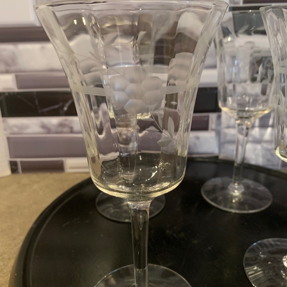 Vintage Etched Floral Barlett Collins Goblets Set Of 4